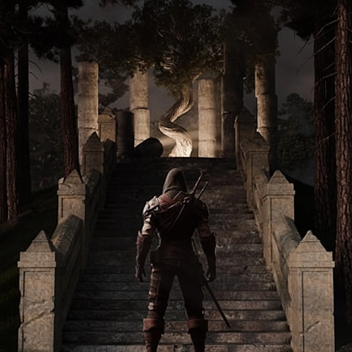 Ein Held steht vor einer Treppe, dem Beginn seiner Heldenreise