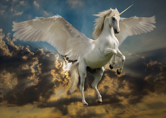 Ein fliegendes Einhorn als Symbol für Magie und magische Wesen und Kreaturen im Weltenbau.